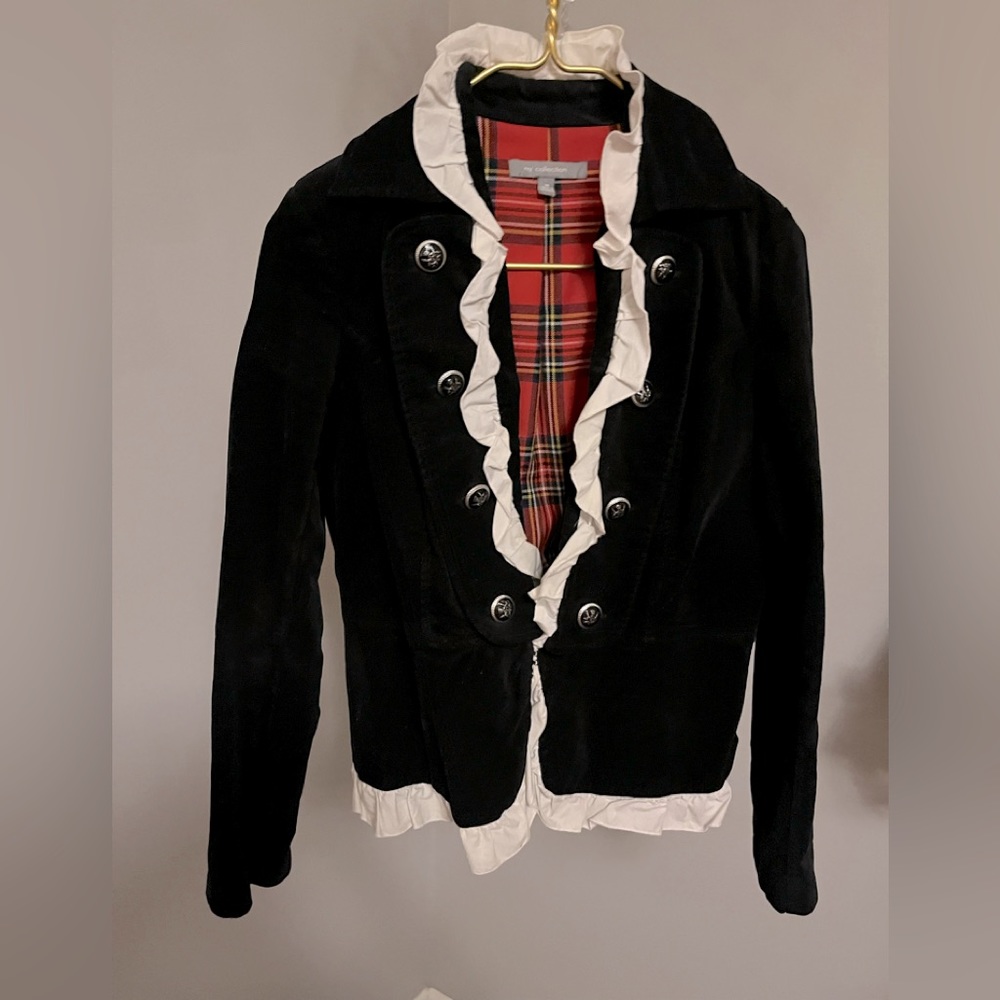 Black velvet military style jacket 98% cotton silver buttons & white cotton trim